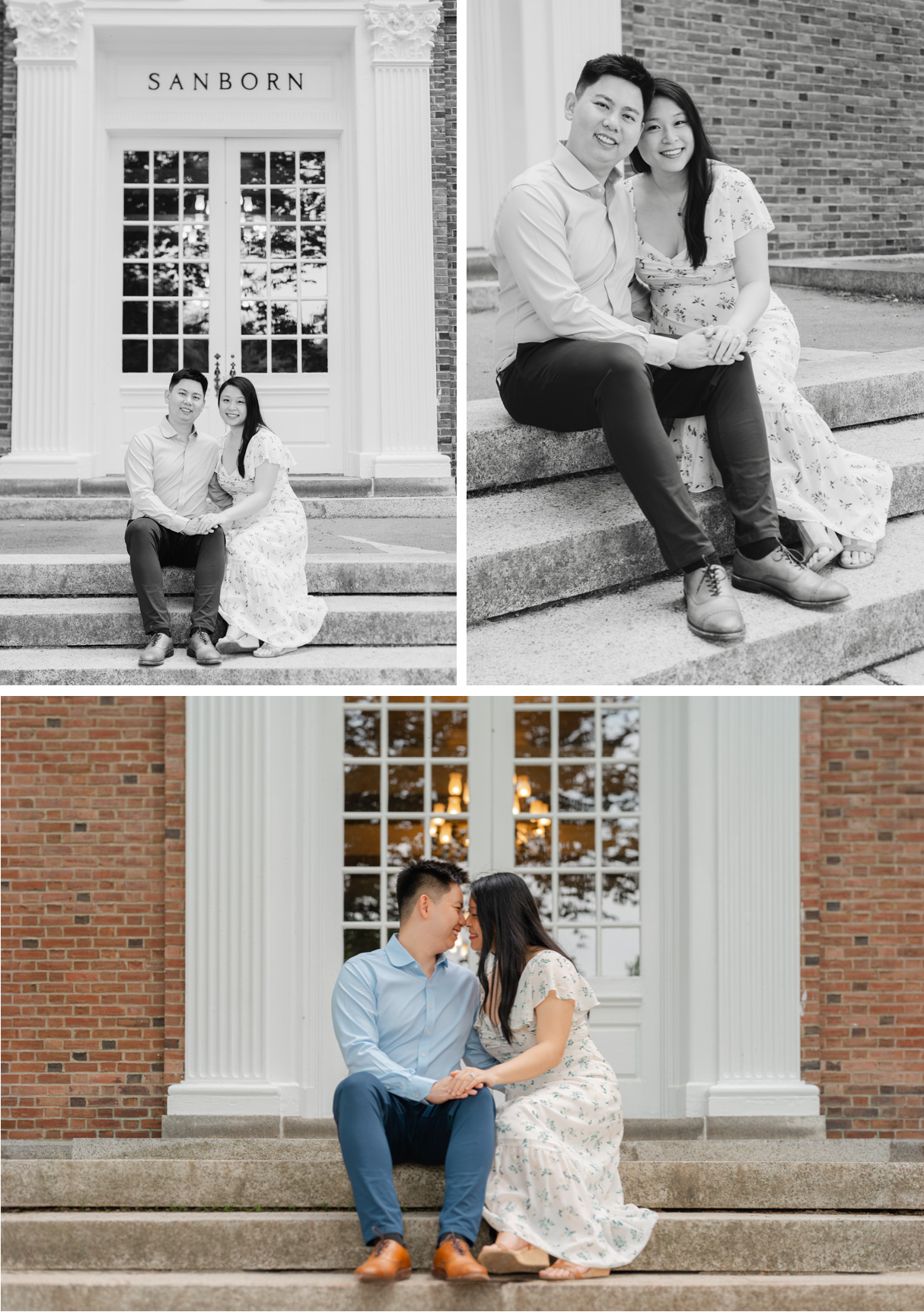 couple snuggling on steps of sanborn library at dartmouth college engagement session in hanover nh