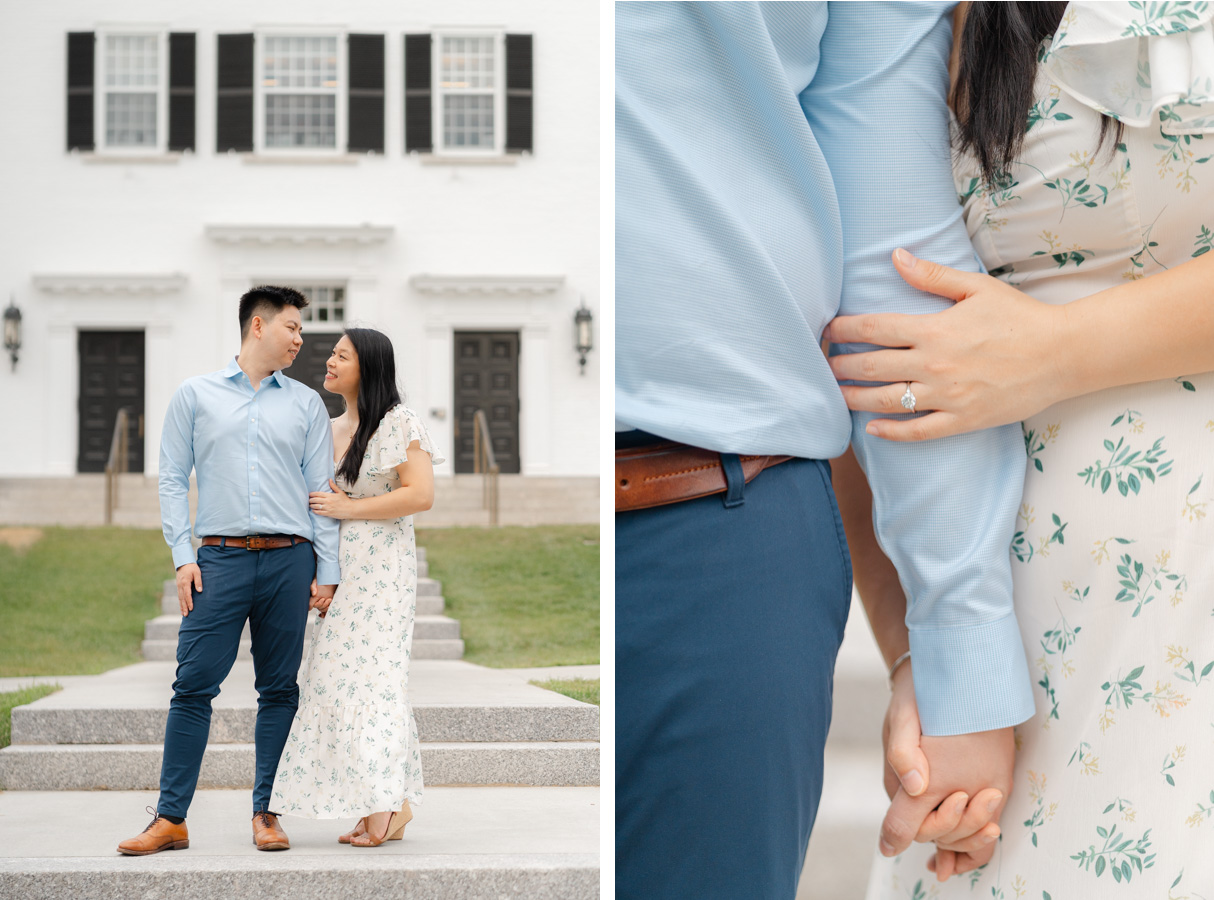couple pose in front of dartmouth hall at dartmouth college engagement session in hanover nh