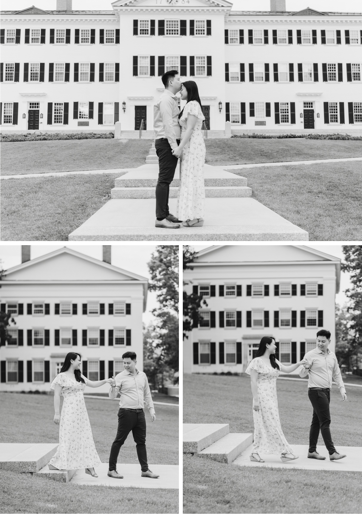 couple posing in front of dartmouth hall and walking down steps at dartmouth college engagement session in hanover nh
