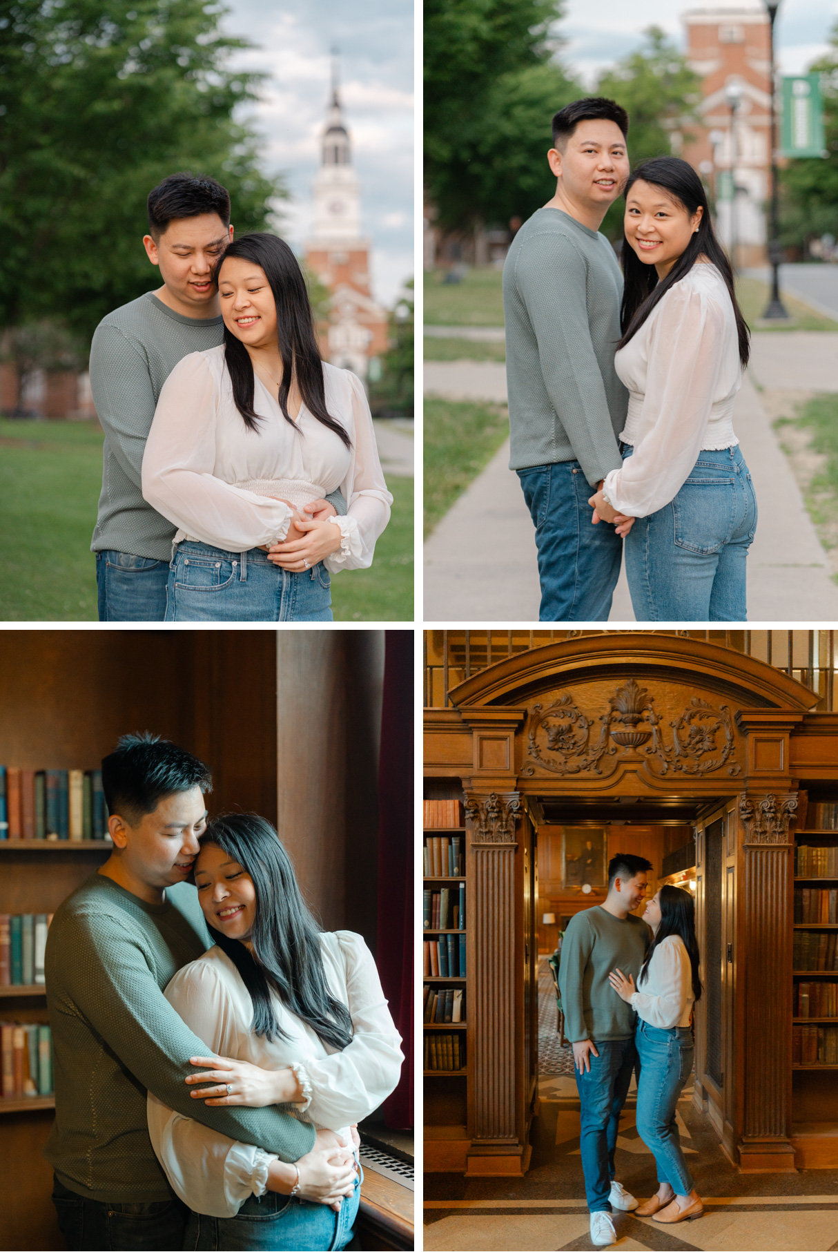 couple on tuck drive with baker tower in the background and in tower room at dartmouth college engagement session in hanover nh