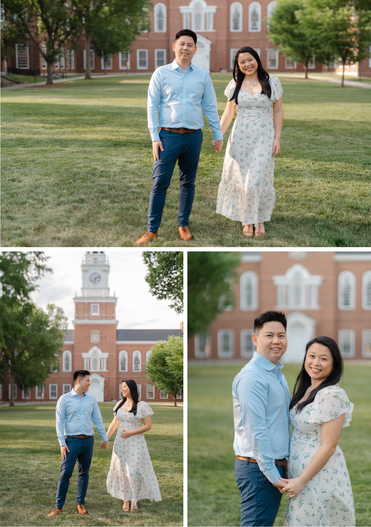 couple posing in front of baker tower at dartmouth college engagement session in hanover nh
