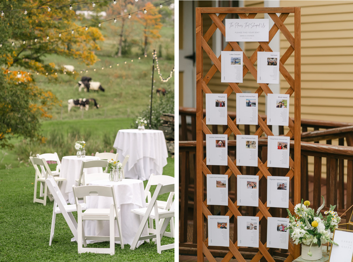 vermont wedding at Inn at round barn cocktail hour details and seating chart