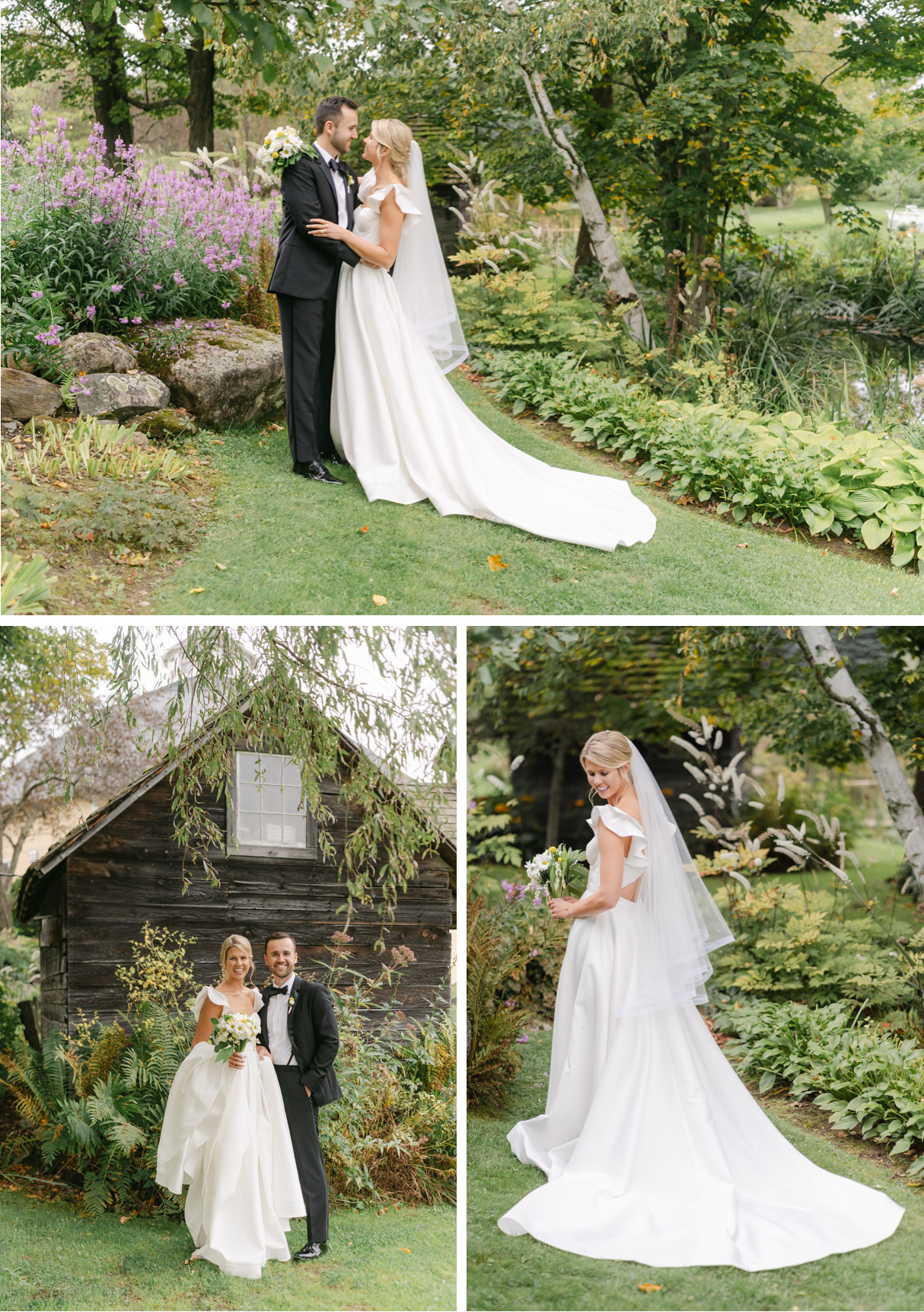 vermont wedding at Inn at round barn portraits of bride and groom in the garden with ice house in the distance