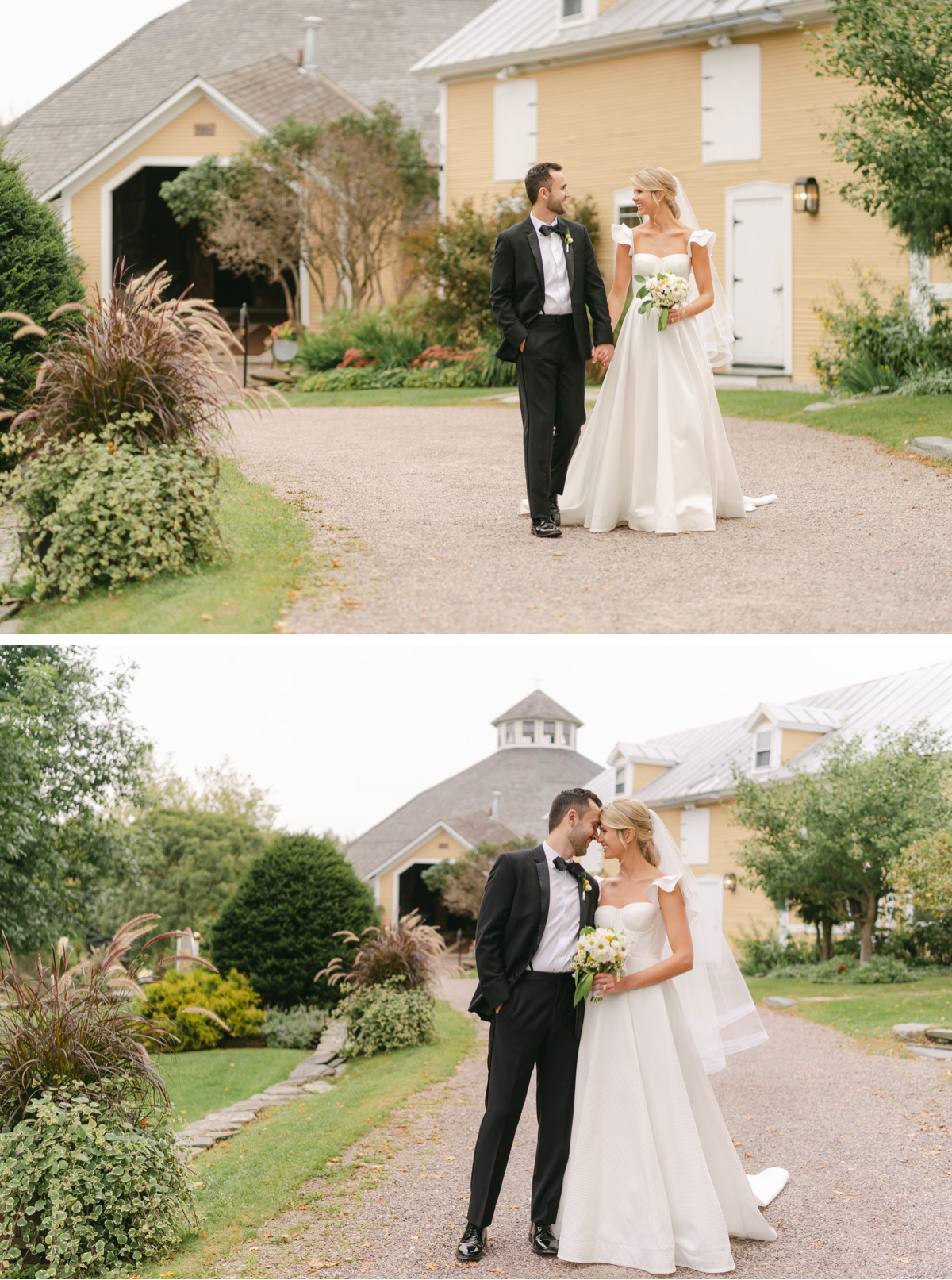 vermont wedding at Inn at round barn marrie dcouple walking with venue in background