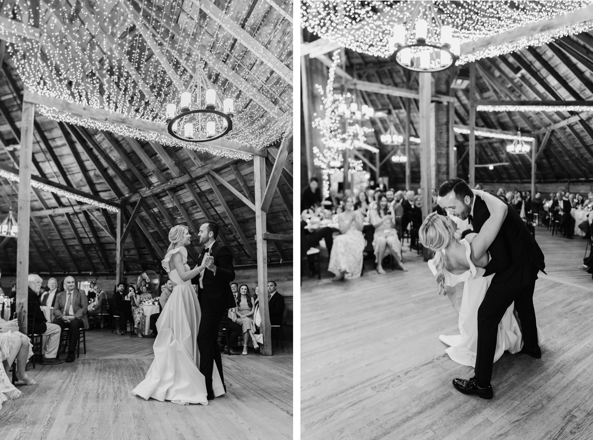 vermont wedding at Inn at round barn more first dance under a canopy of strand lights