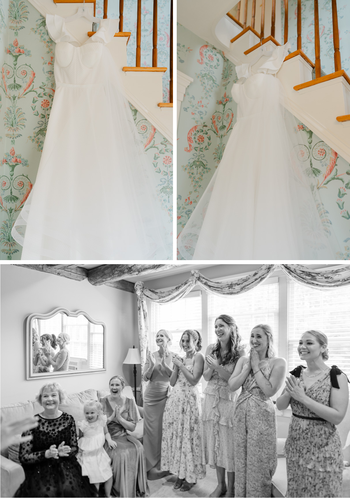 vermont wedding at Inn at round barn bride's wedding gown and bridal party first look