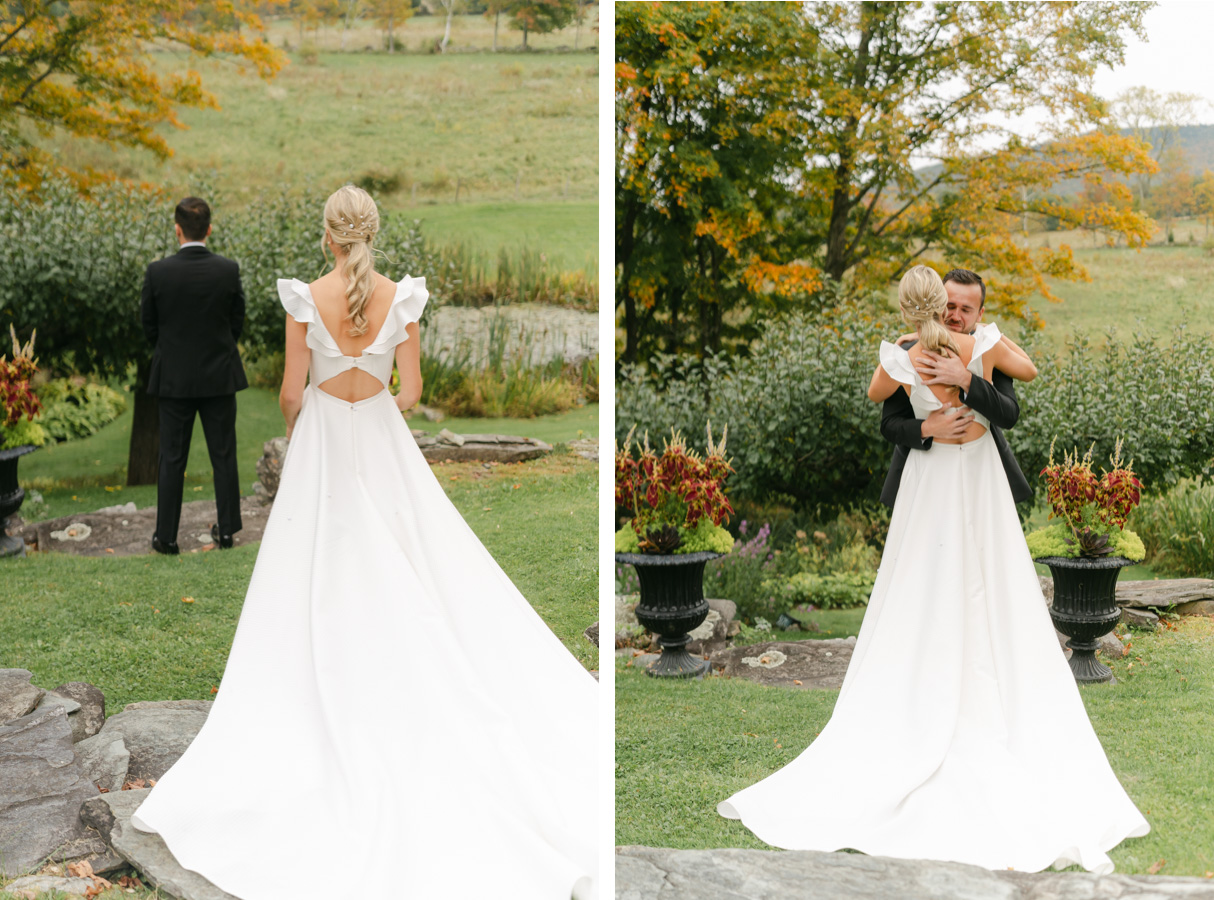vermont wedding at Inn at round barn first look on the terrace