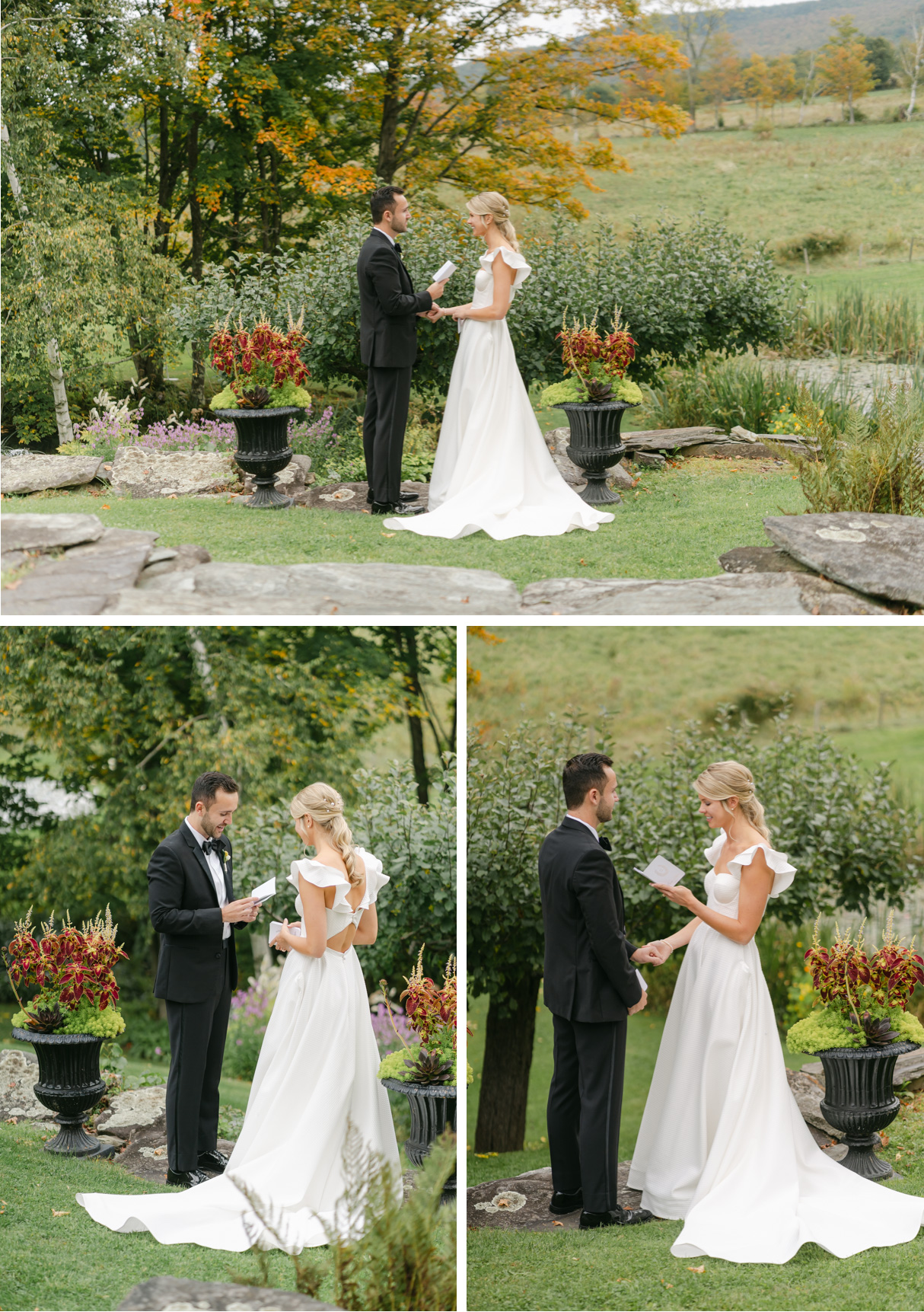 vermont wedding at Inn at round barn bride and groom reading private vows on terrace
