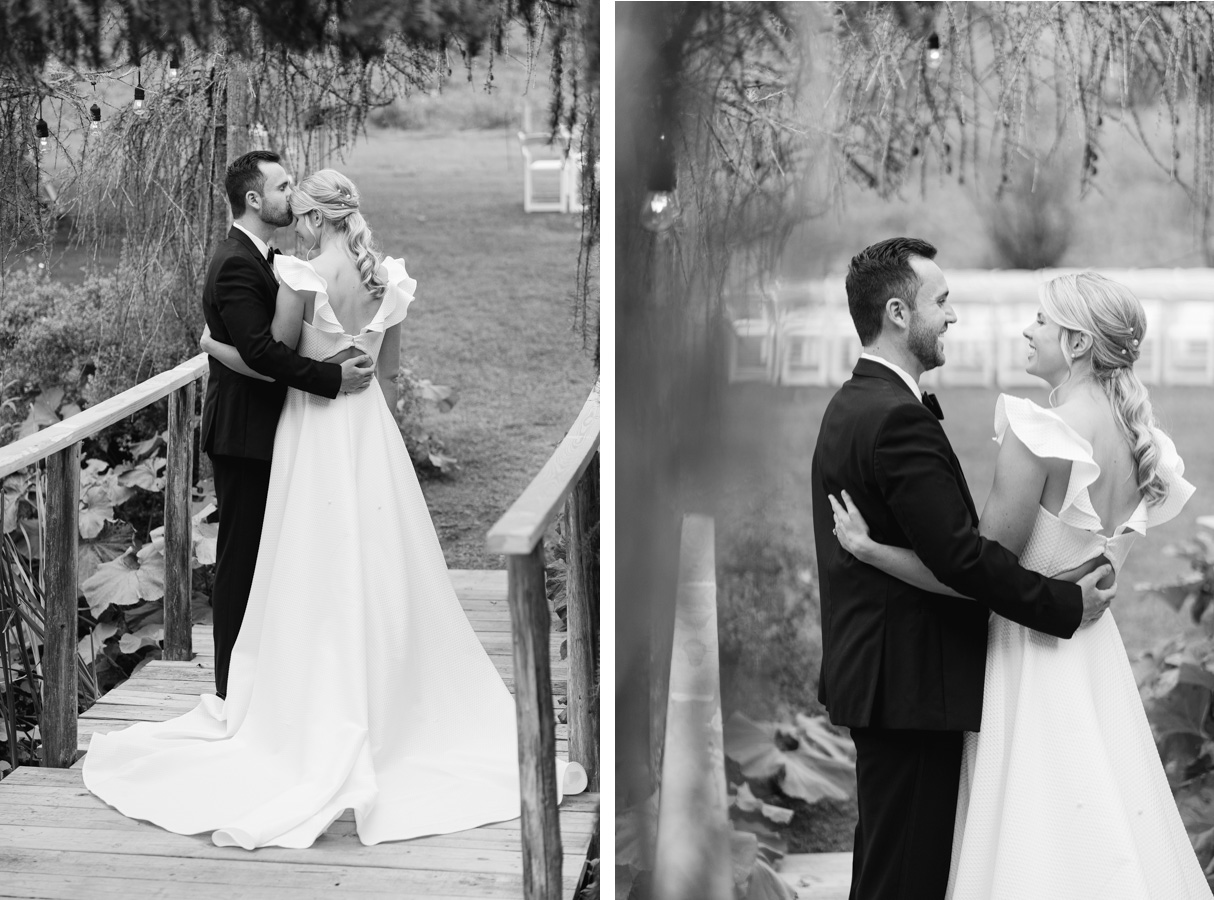 vermont wedding at Inn at round barn portraits on footbridge