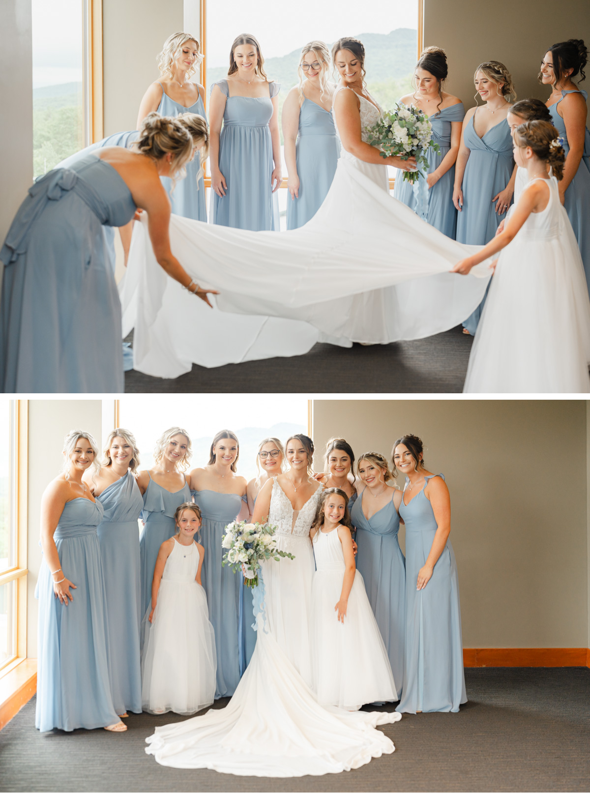 Vermont wedding at Jay Peak, fluffing dress with bridesmaids