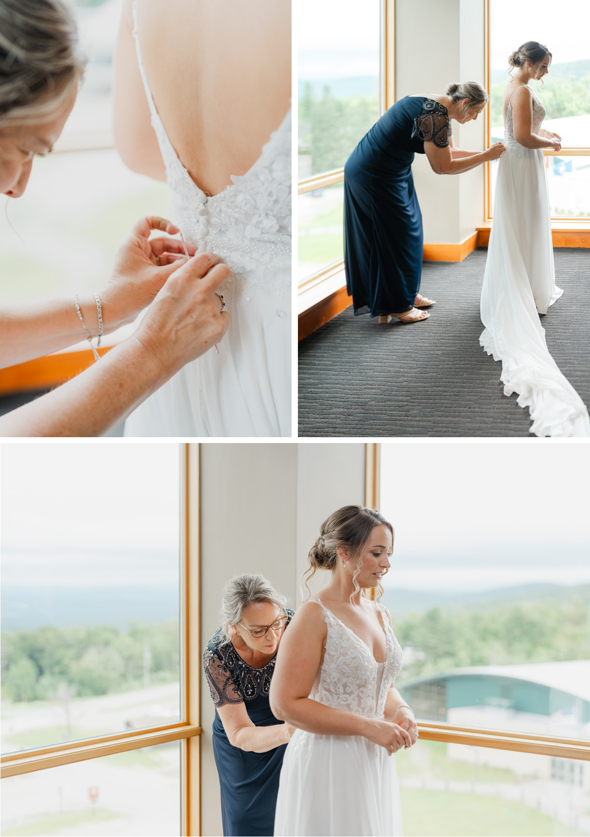 Vermont wedding at Jay Peak, mother helping bride get ready