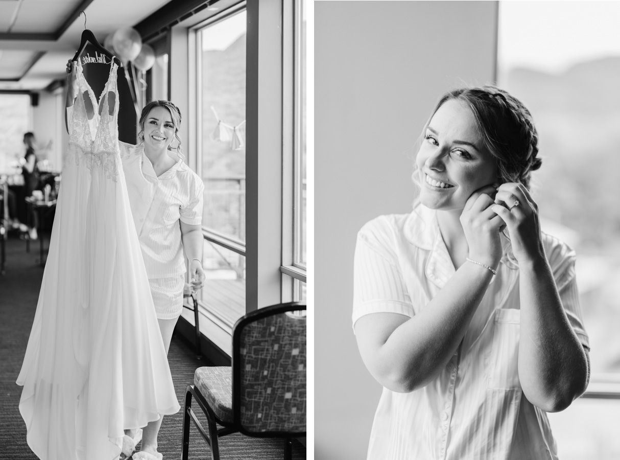 Vermont wedding at Jay Peak, bride putting on dress