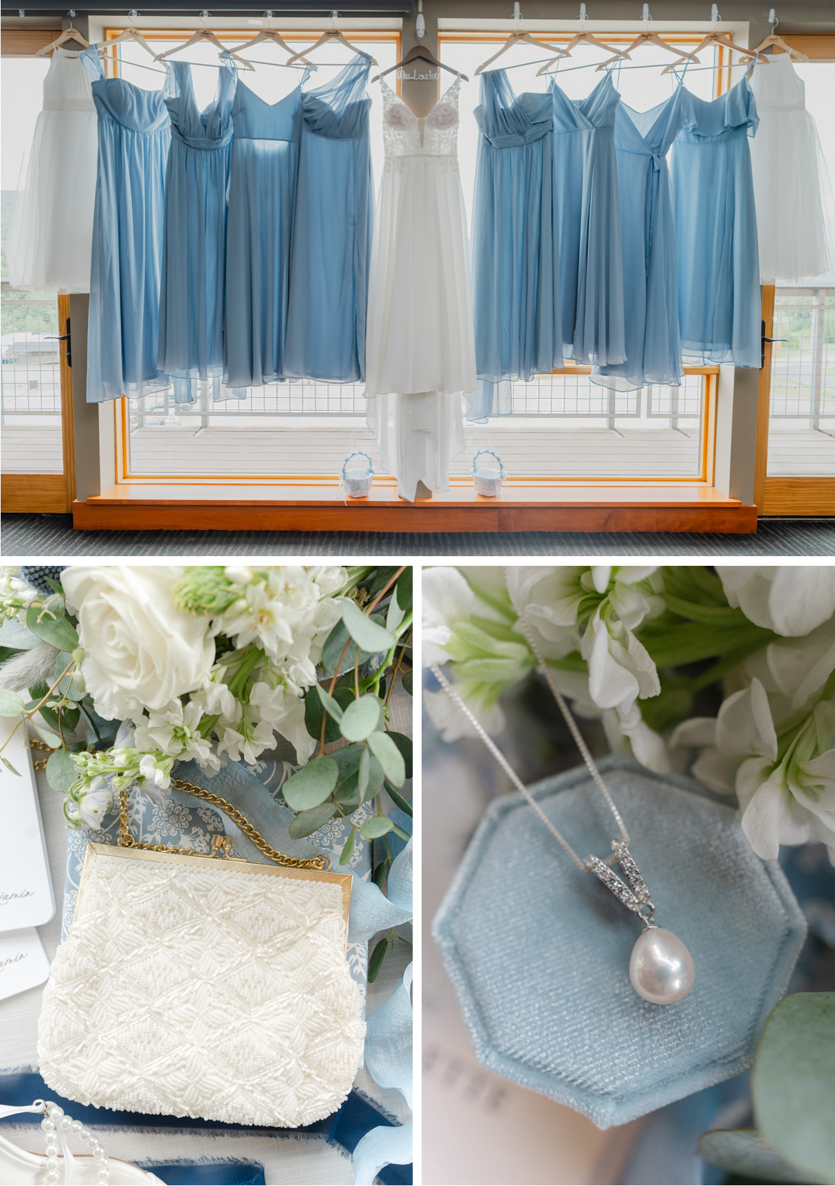Vermont wedding at Jay Peak, dresses hanging and jewelry