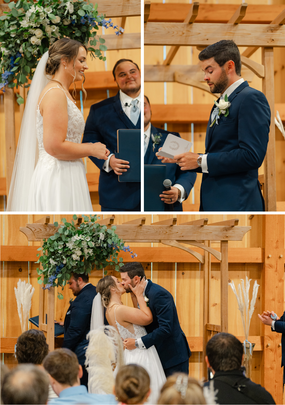 Vermont wedding at Jay Peak, ceremony first kiss and reading vows