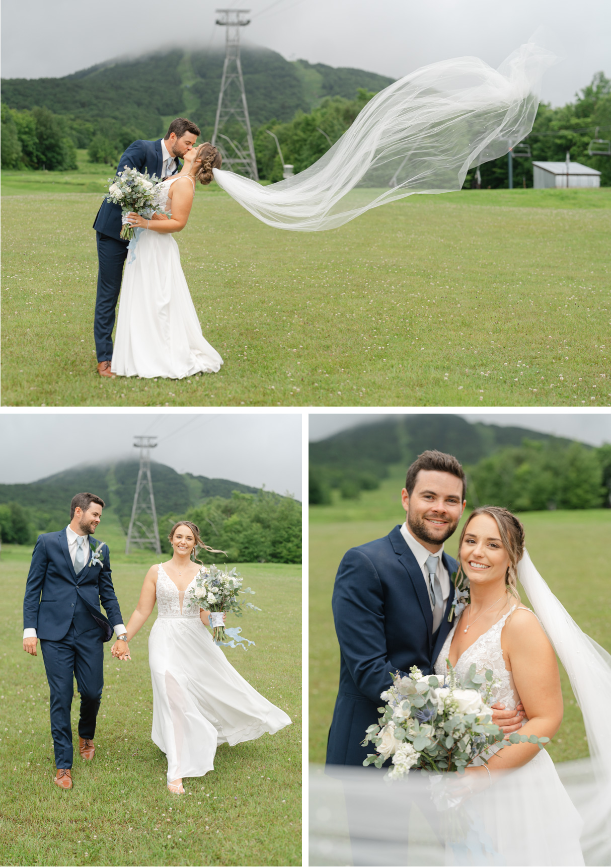 Vermont wedding at Jay Peak, break in the rain portraits with mountain