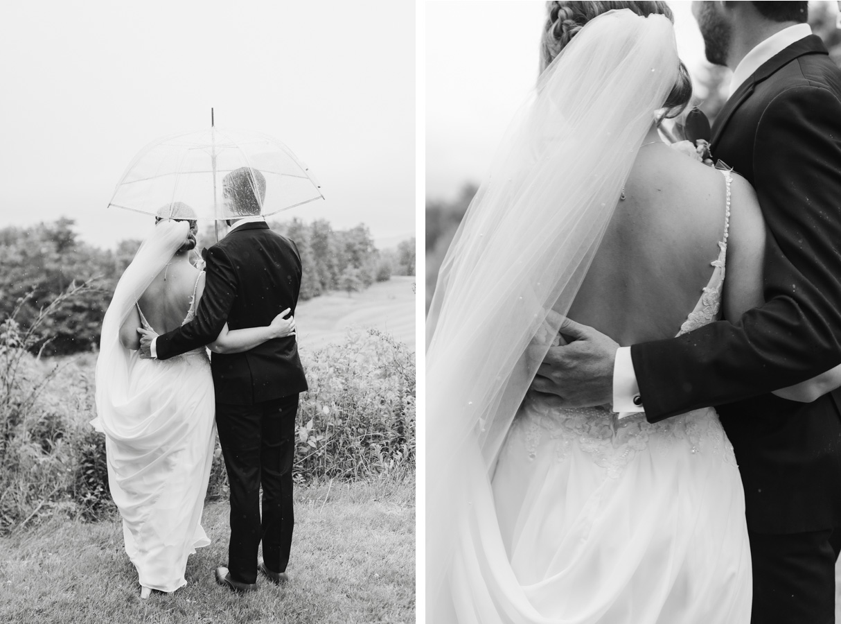 Vermont wedding at Jay Peak, romantic rainy day portraits with veil and dress