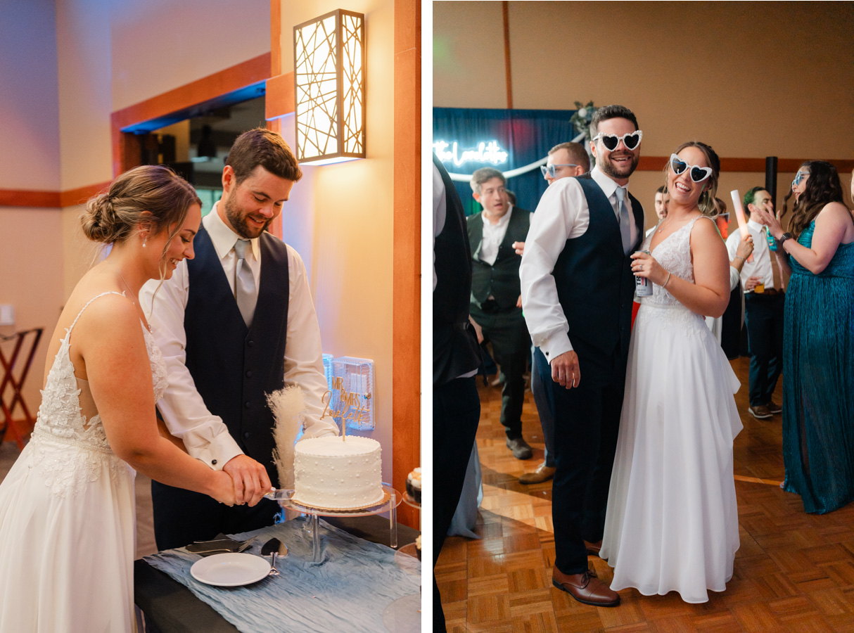 Vermont wedding at Jay Peak, cutting the cake and sungalsses