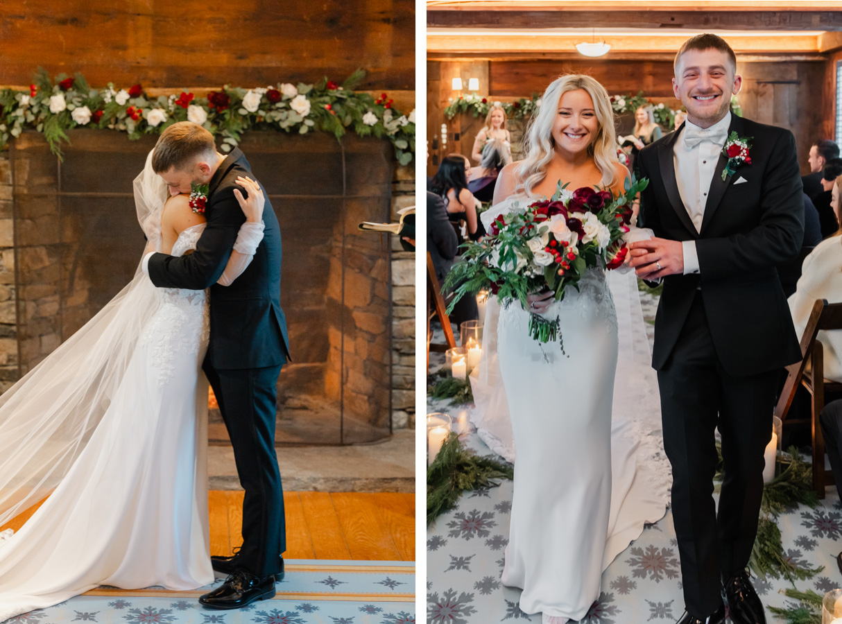Vermont Christmas Wedding at Grafton Inn - first kiss
