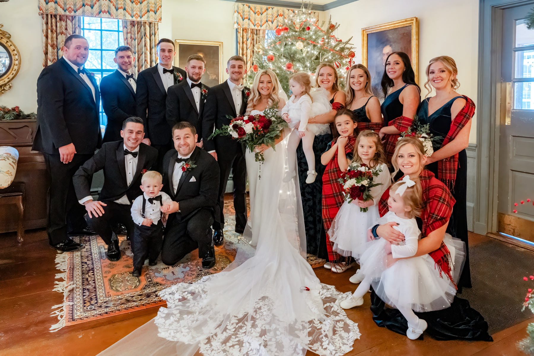 Vermont Christmas Wedding at Grafton Inn - full wedding party indoors