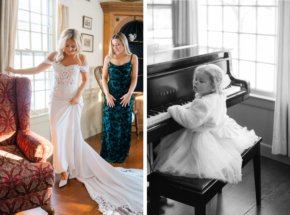 Vermont Christmas Wedding at Grafton Inn -putting on dress