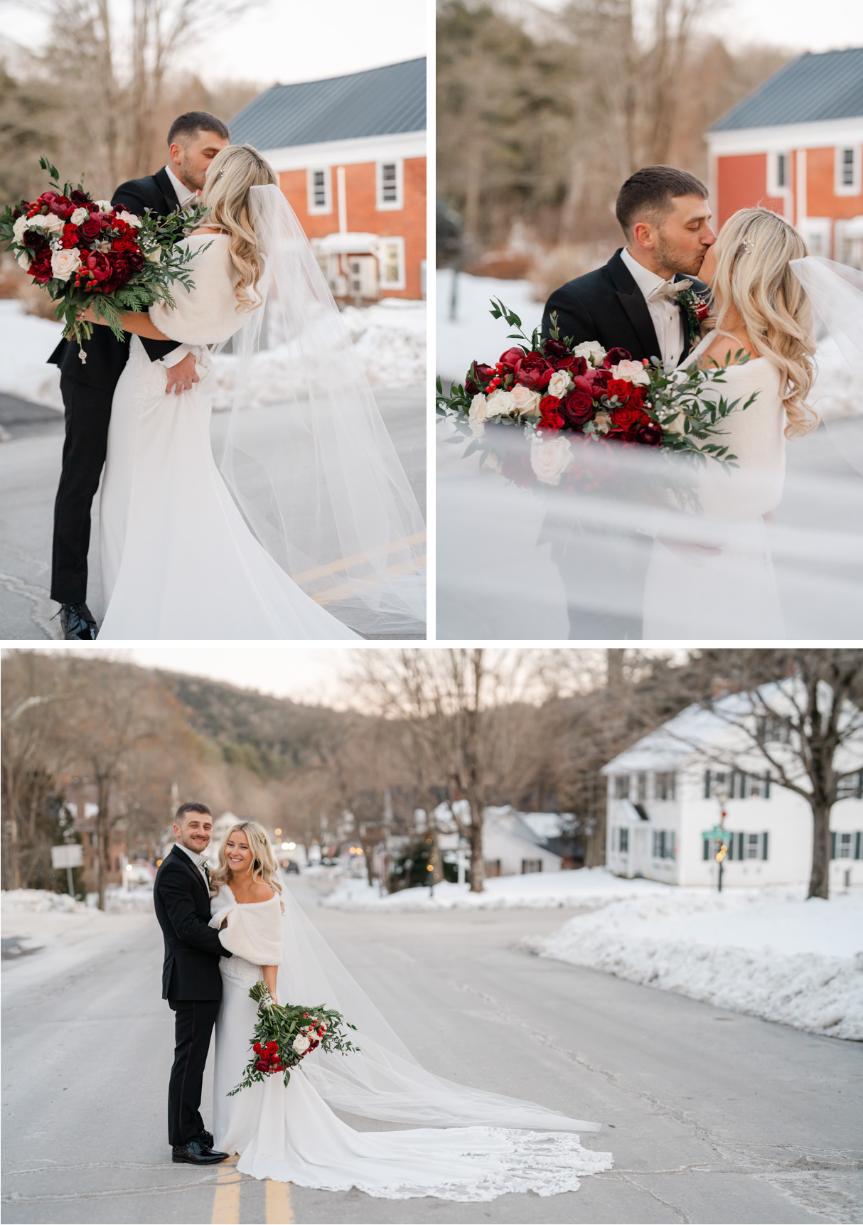 Vermont Christmas Wedding at Grafton Inn - sunset portraits on road