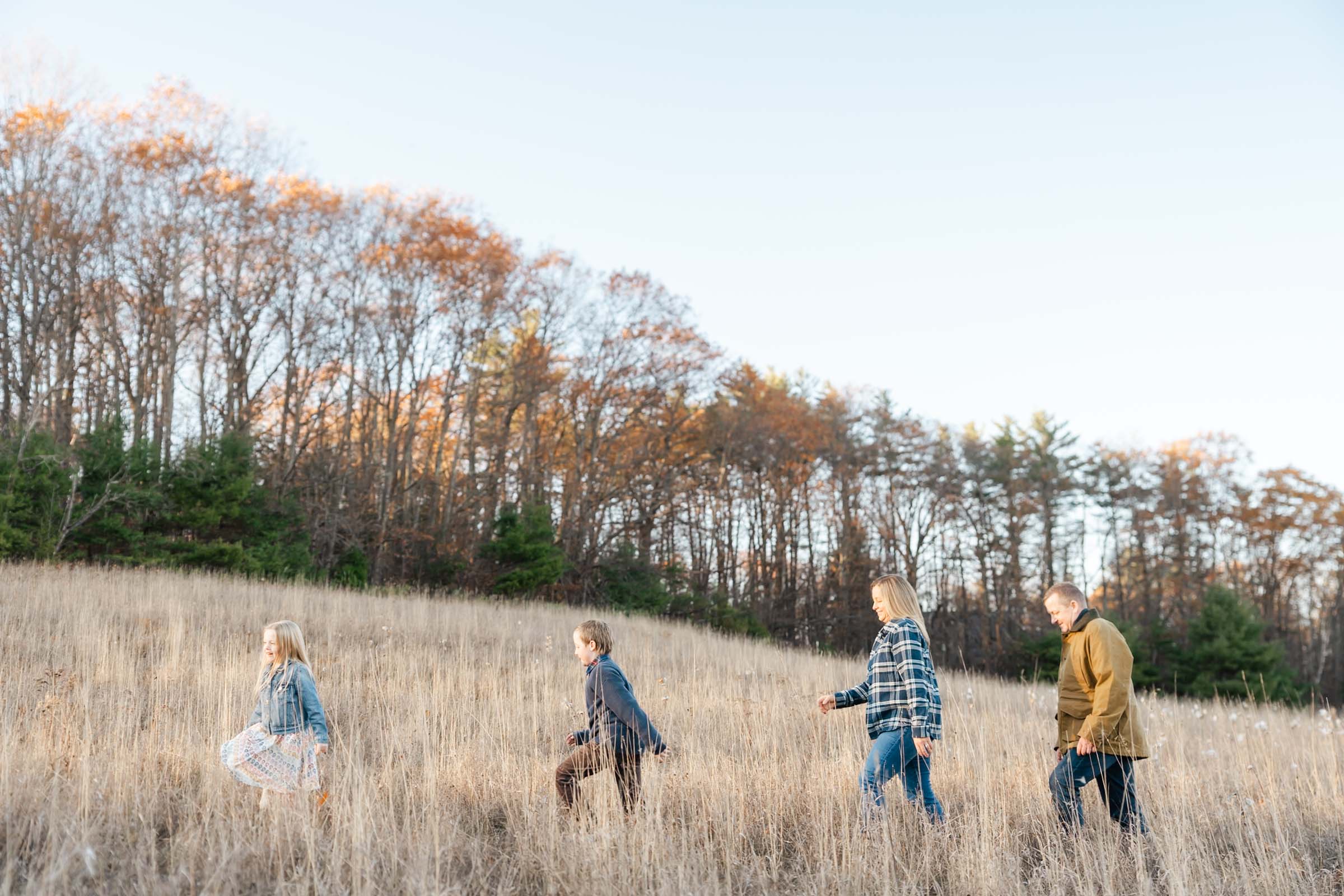 Upper Valley NH VT Family Session - Family walking through field