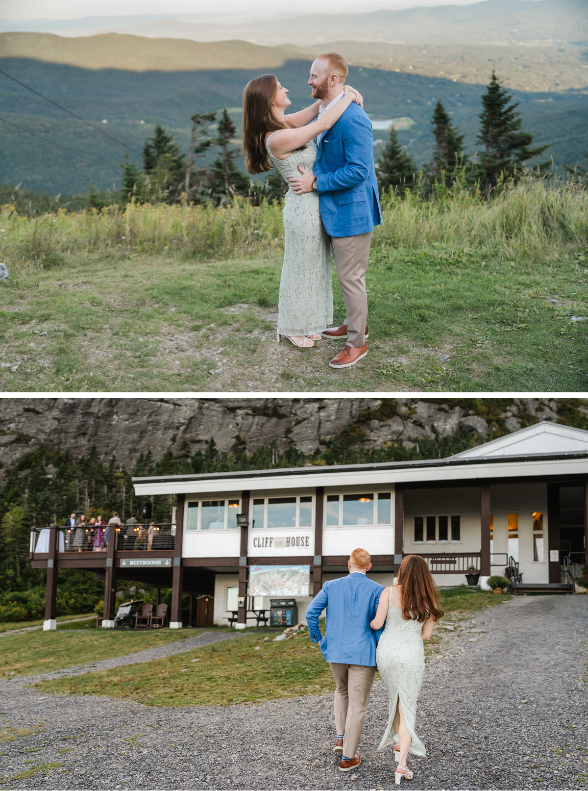 Couple posing atop Mount Mansfield, stowe wedding, cliff house welcome party