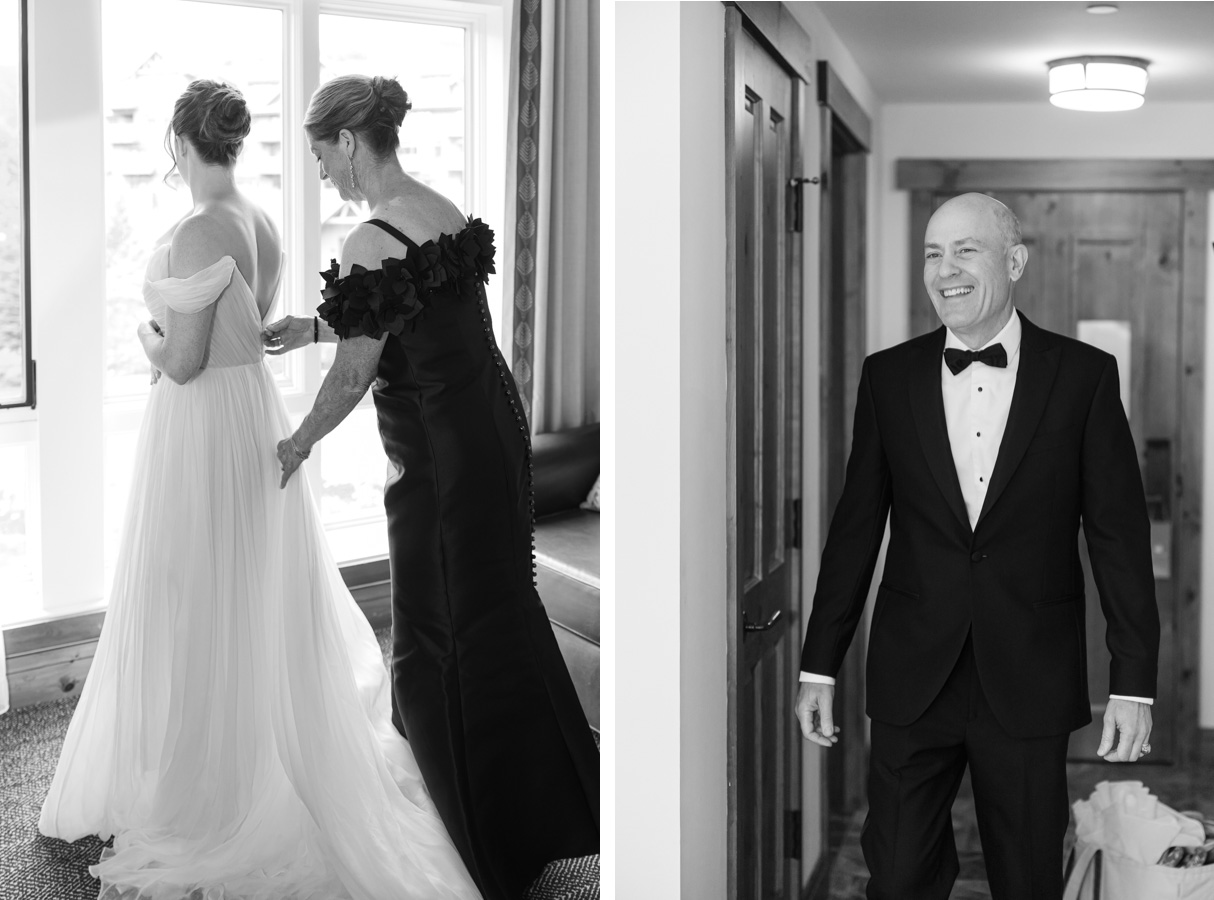 Topnotch Resort Wedding - mother buttoning dress, dad walking in to see bride