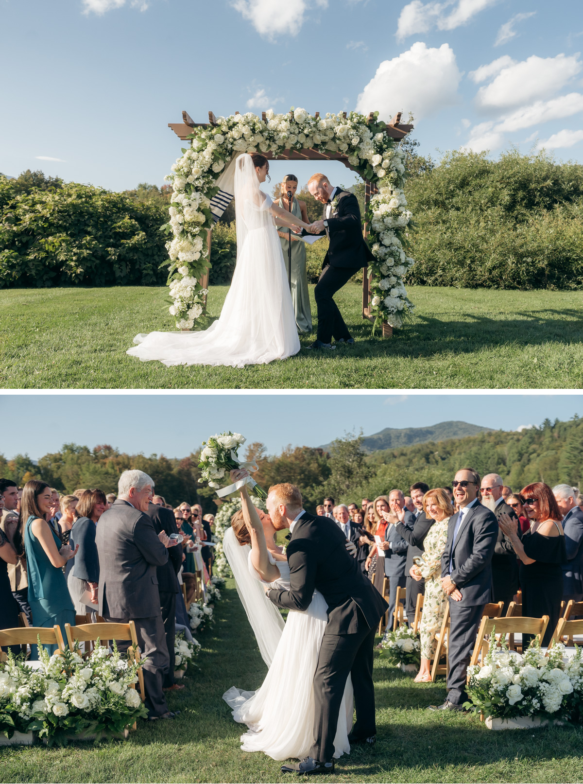 Topnotch Resort Wedding - stomping the glass and kiss down the aisle