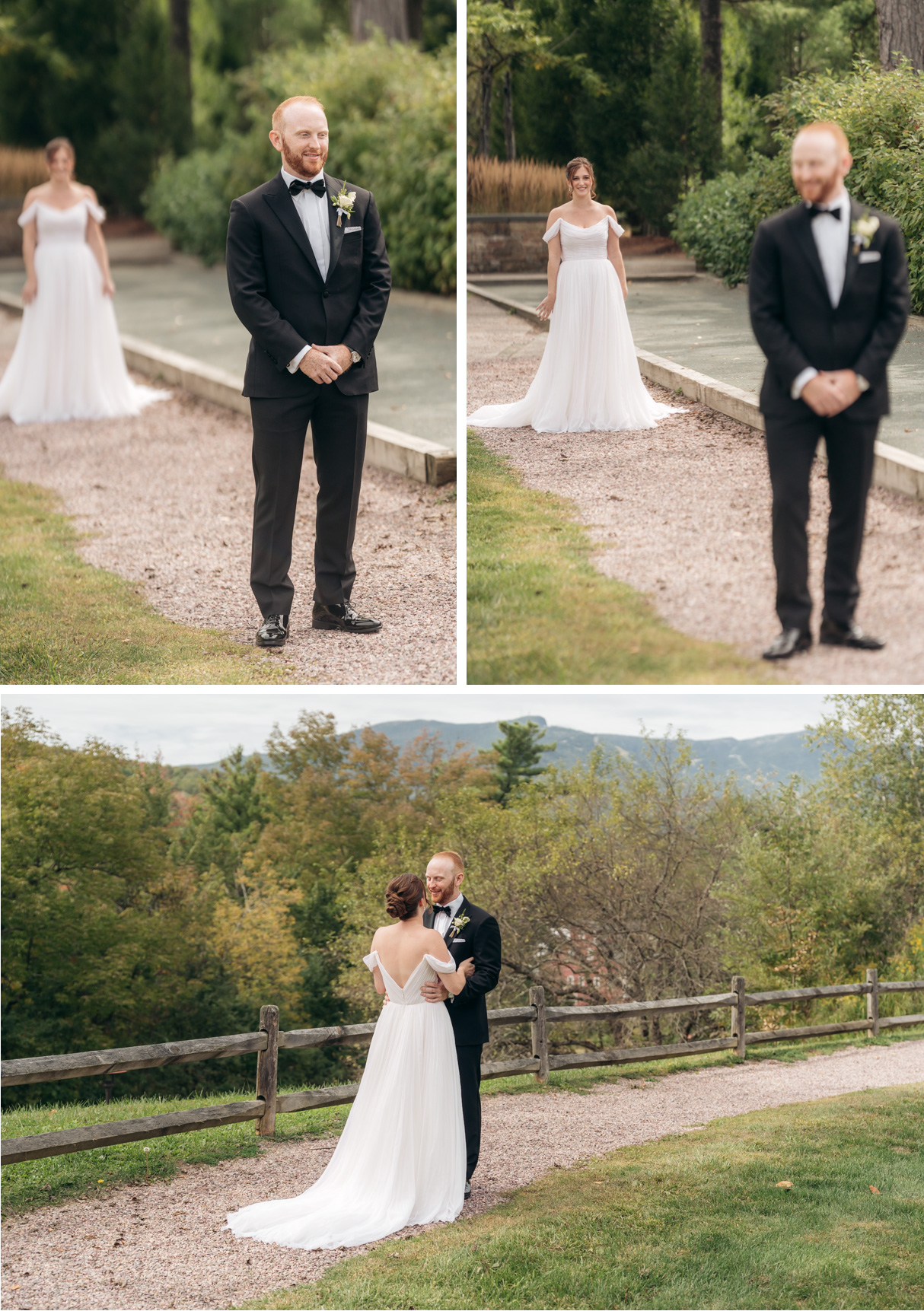 Topnotch Resort Wedding - Collage of images, first look with view of mountains