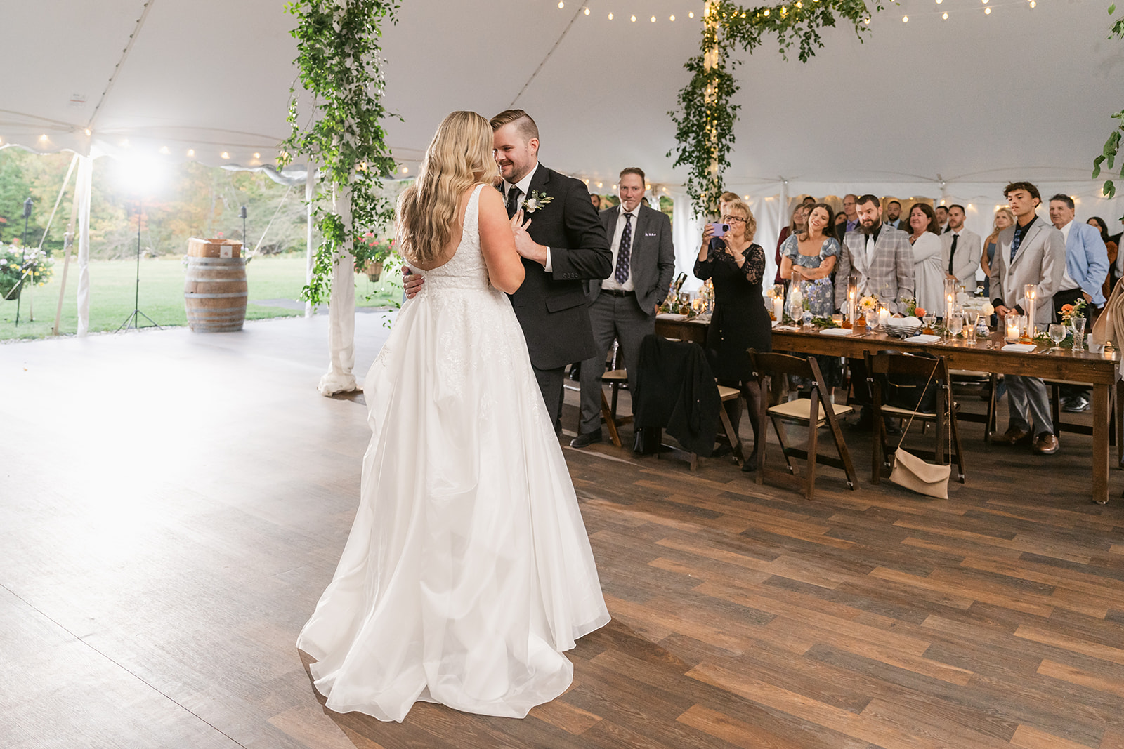 Bride and groom on dance floor - Fall Trapp Lodge wedding
