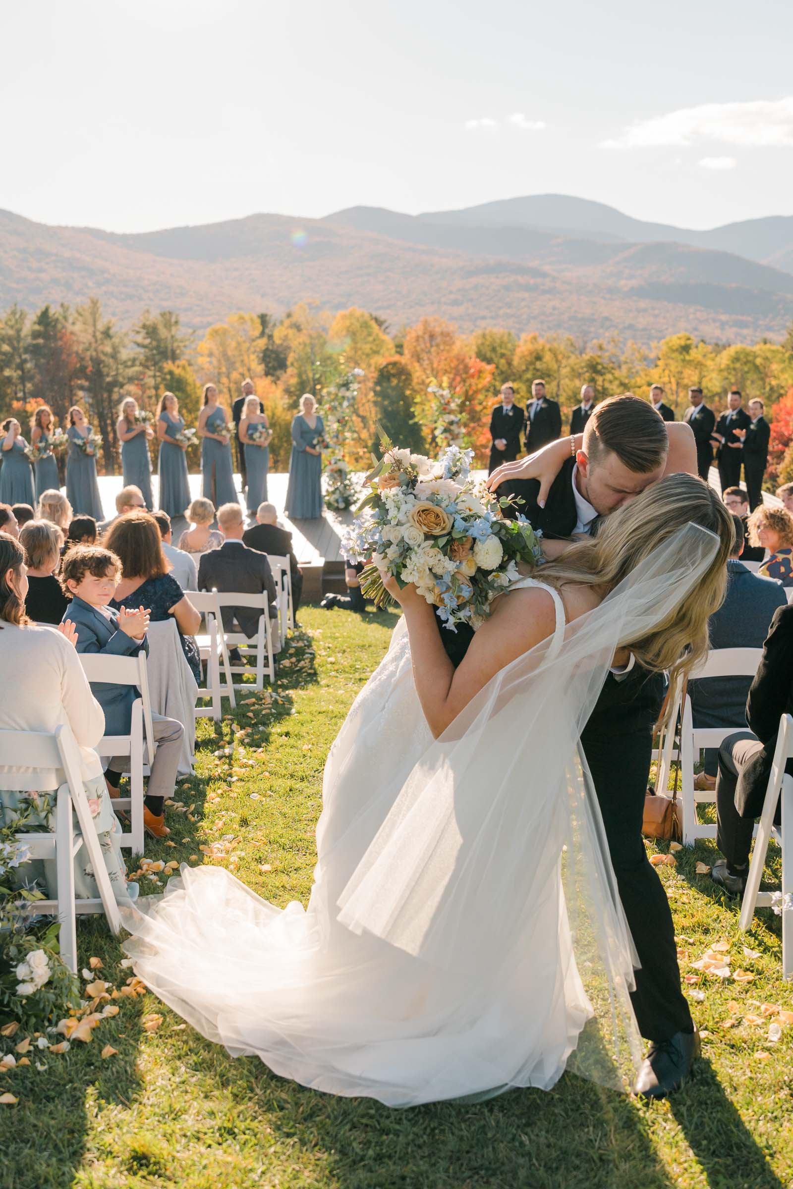 First kiss down the aisle at Trapp Lodge, Stowe Vermont