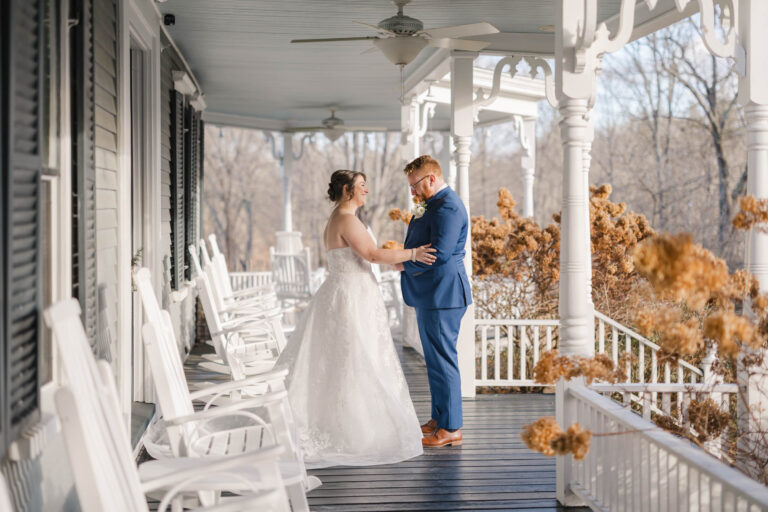 Couple during first look at thompson inn and cyderhouse