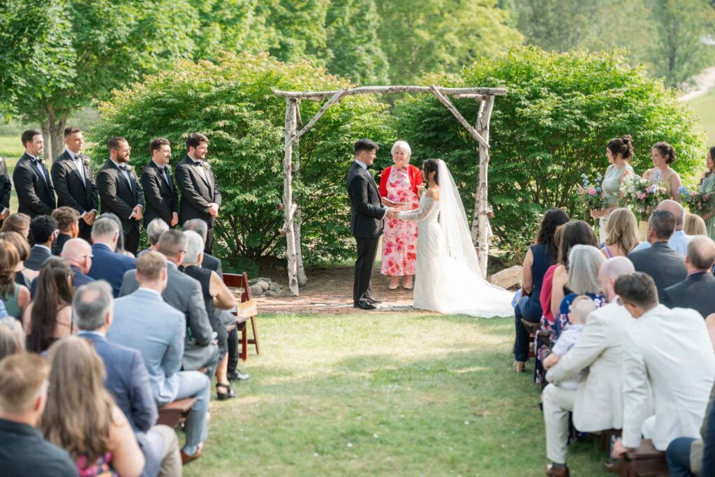 Bride and Groom at ceremony at wedding at the preserve at chocorua