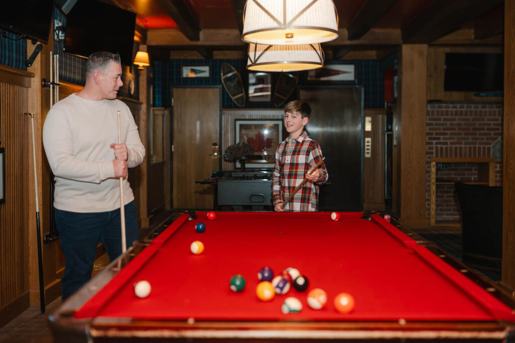 Woodstock, VT photo session, son and father playing pool