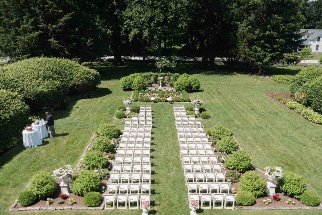 Wedding ceremony - birds eye view of wedding ceremony setup and gardens at Park-McCullough Historic Governor's mansion