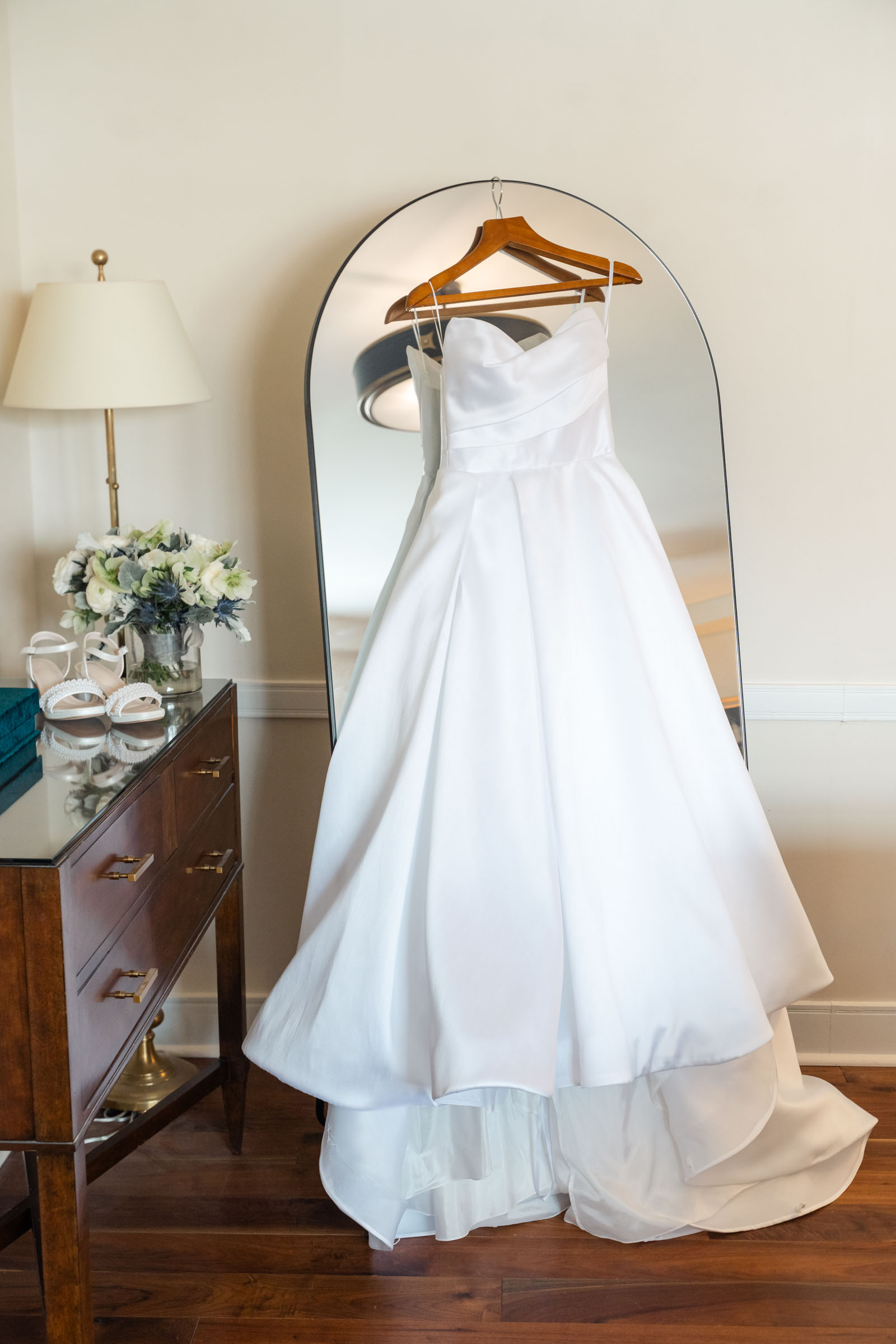 Woodstock Inn Winter Wedding - dress hanging on mirror